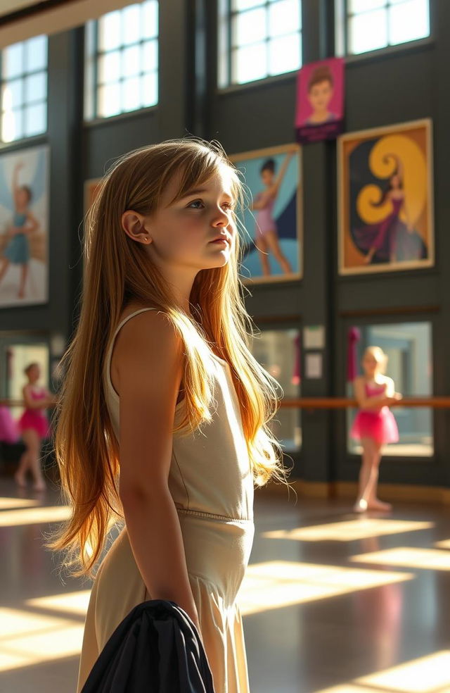 A young high school girl in a beautiful dance studio, looking contemplative yet hopeful as she watches her classmates audition for a dance performance