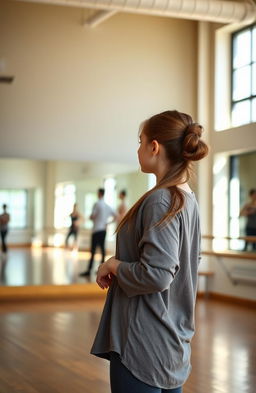 A senior high school girl standing alone in a dance studio, looking at herself in the mirror with a determined yet shy expression