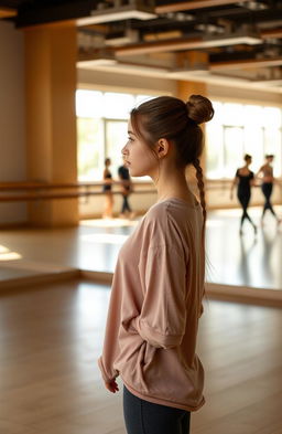 A senior high school girl standing alone in a dance studio, looking at herself in the mirror with a determined yet shy expression
