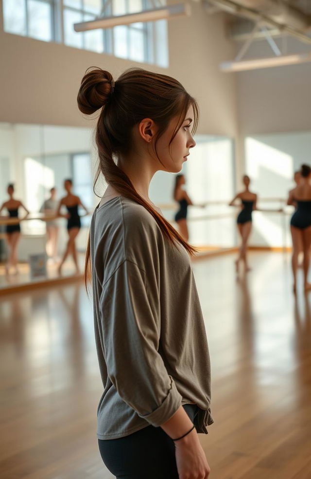 A senior high school girl standing alone in a dance studio, looking at herself in the mirror with a determined yet shy expression