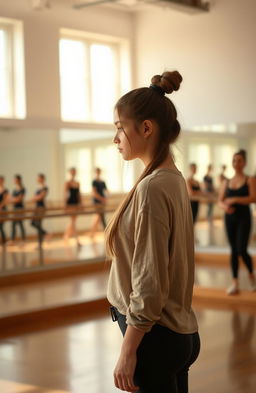 A senior high school girl standing alone in a dance studio, looking at herself in the mirror with a determined yet shy expression