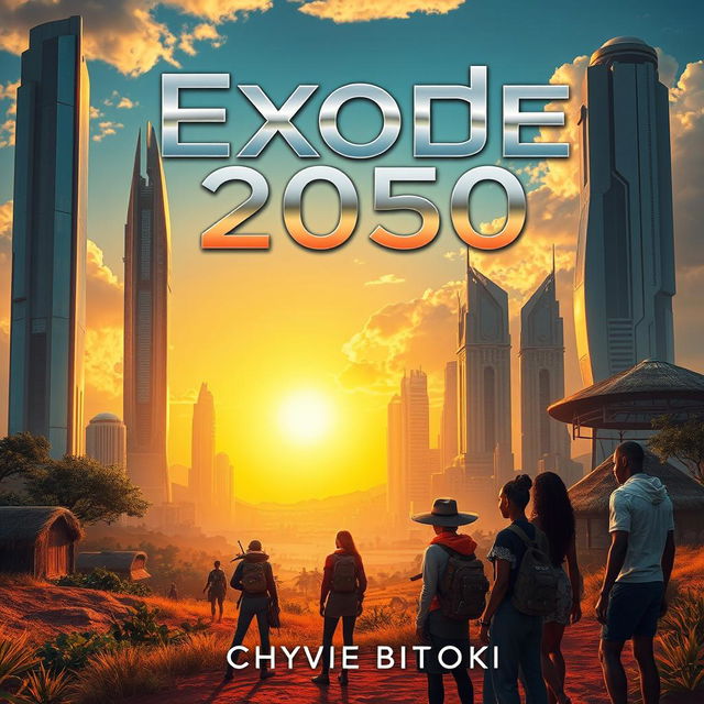 A captivating book cover for a science fiction novel titled 'Exode 2050' by Chyvie BITOKI, set in a futuristic Africa