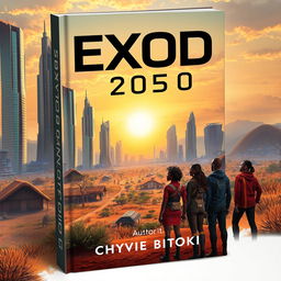 A captivating book cover for a science fiction novel titled 'Exode 2050' by Chyvie BITOKI, set in a futuristic Africa