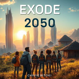 A captivating book cover for a science fiction novel titled 'Exode 2050' by Chyvie BITOKI, set in a futuristic Africa