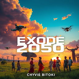 A futuristic science fiction book cover for 'Exode 2050' by Chyvie BITOKI, set in Africa, showcasing a vibrant landscape that blends technology and nature