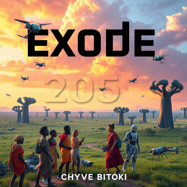 A futuristic science fiction book cover for 'Exode 2050' by Chyvie BITOKI, set in Africa, showcasing a vibrant landscape that blends technology and nature