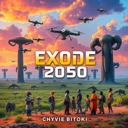 A futuristic science fiction book cover for 'Exode 2050' by Chyvie BITOKI, set in Africa, showcasing a vibrant landscape that blends technology and nature