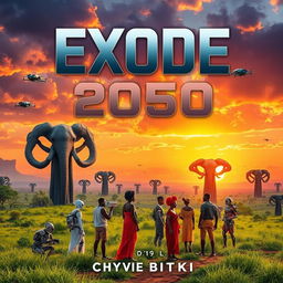 A futuristic science fiction book cover for 'Exode 2050' by Chyvie BITOKI, set in Africa, showcasing a vibrant landscape that blends technology and nature
