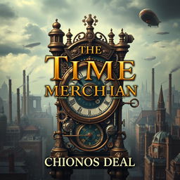 A captivating book cover design for 'The Time Merchant' by Chronos Deal, featuring a detailed and intricate steampunk aesthetic