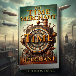 A captivating book cover design for 'The Time Merchant' by Chronos Deal, featuring a detailed and intricate steampunk aesthetic