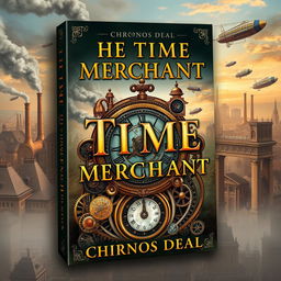 A captivating book cover design for 'The Time Merchant' by Chronos Deal, featuring a detailed and intricate steampunk aesthetic