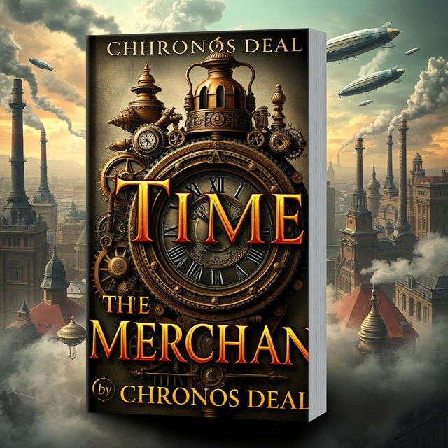 A captivating book cover design for 'The Time Merchant' by Chronos Deal, featuring a detailed and intricate steampunk aesthetic