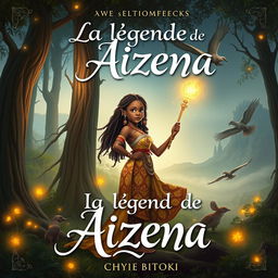 A captivating fantasy book cover for 'La légende de Aizena' by Chyvie BITOKI, featuring a young African heroine standing bravely in a mystical forest