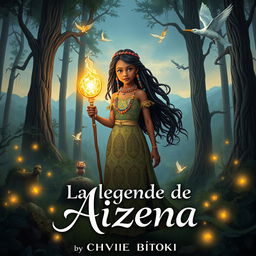A captivating fantasy book cover for 'La légende de Aizena' by Chyvie BITOKI, featuring a young African heroine standing bravely in a mystical forest