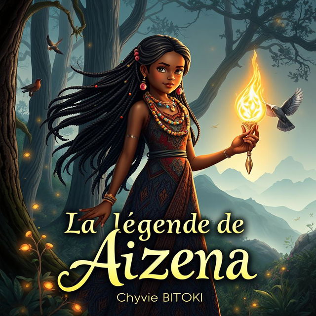 A captivating fantasy book cover for 'La légende de Aizena' by Chyvie BITOKI, featuring a young African heroine standing bravely in a mystical forest