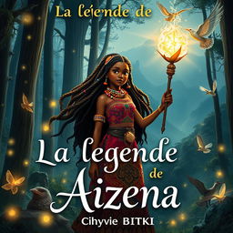 A captivating fantasy book cover for 'La légende de Aizena' by Chyvie BITOKI, featuring a young African heroine standing bravely in a mystical forest