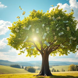 An ultra-realistic image of a tree with lush, vibrant leaves made entirely of money
