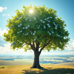 An ultra-realistic image of a tree with lush, vibrant leaves made entirely of money