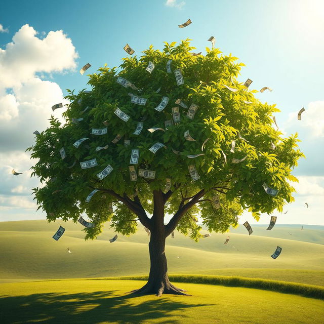 An ultra-realistic image of a tree with lush, vibrant leaves made entirely of money