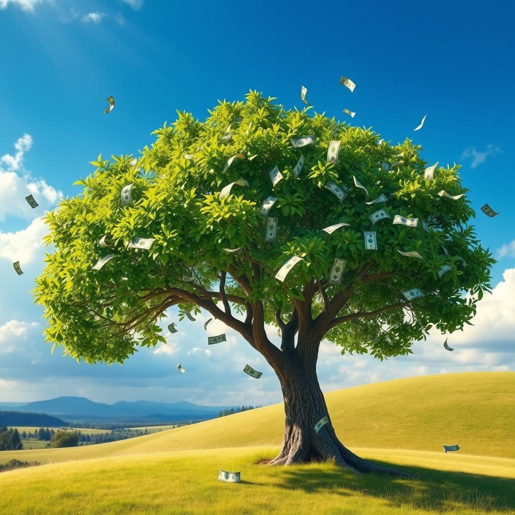 An ultra-realistic image of a tree with lush, vibrant leaves made entirely of money