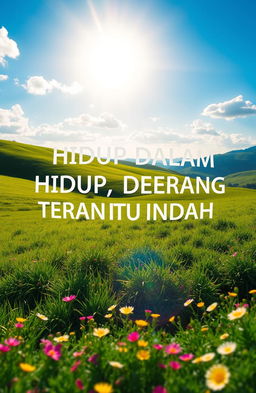 A serene landscape depicting the phrase 'HIDUP DALAM TERANG ITU INDAH' meaning 'Living in the light is beautiful'