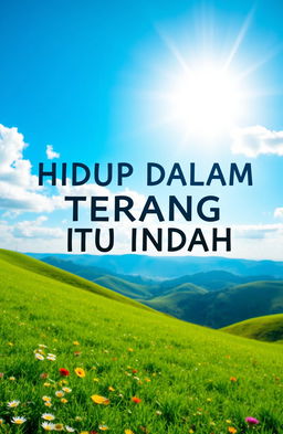 A serene landscape depicting the phrase 'HIDUP DALAM TERANG ITU INDAH' meaning 'Living in the light is beautiful'