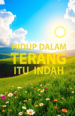 A serene landscape depicting the phrase 'HIDUP DALAM TERANG ITU INDAH' meaning 'Living in the light is beautiful'