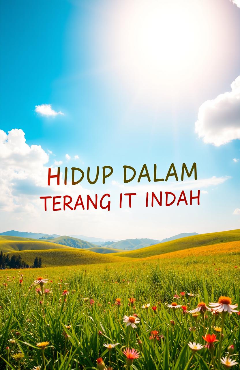 A serene landscape depicting the phrase 'HIDUP DALAM TERANG ITU INDAH' meaning 'Living in the light is beautiful'