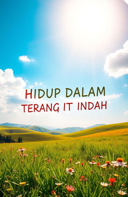 A serene landscape depicting the phrase 'HIDUP DALAM TERANG ITU INDAH' meaning 'Living in the light is beautiful'