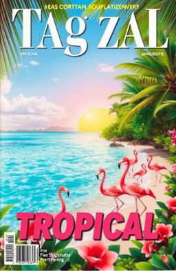 A vibrant magazine front page featuring a flamingo-themed landscape