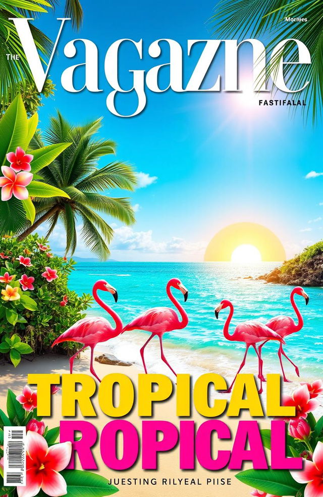 A vibrant magazine front page featuring a flamingo-themed landscape