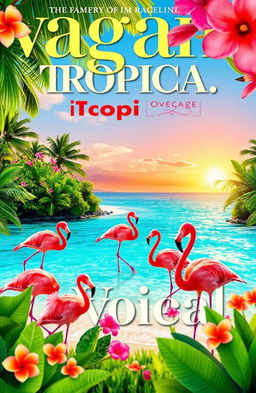A vibrant magazine front page featuring a flamingo-themed landscape