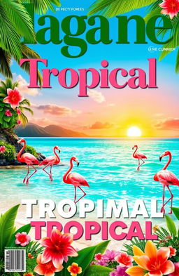 A vibrant magazine front page featuring a flamingo-themed landscape