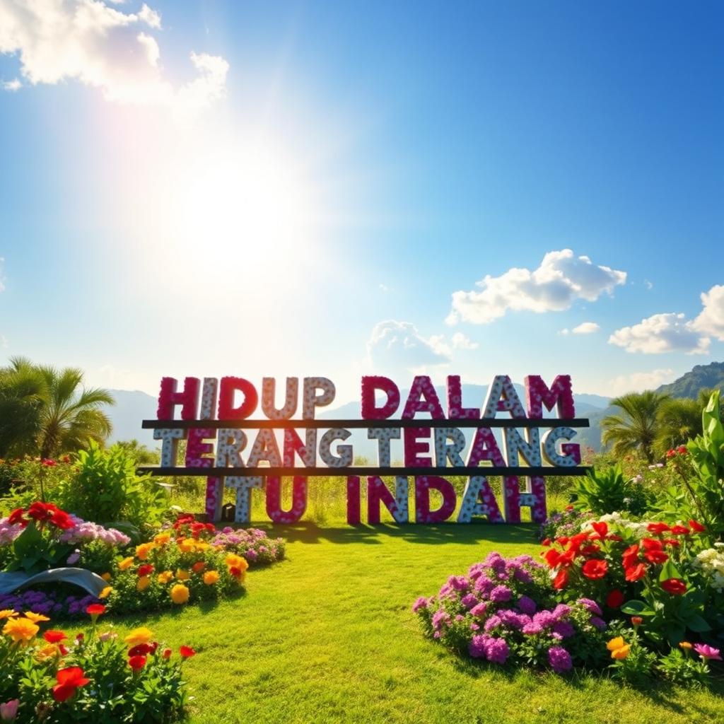 A tranquil and uplifting scene illustrating the idea 'HIDUP DALAM TERANG ITU INDAH' which translates to 'Living in the light is beautiful'