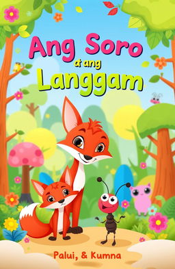 A whimsical and colorful book cover designed for a children's story titled "Ang Soro at ang Langgam"
