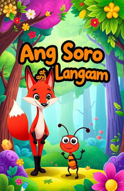 A whimsical and colorful book cover designed for a children's story titled "Ang Soro at ang Langgam"