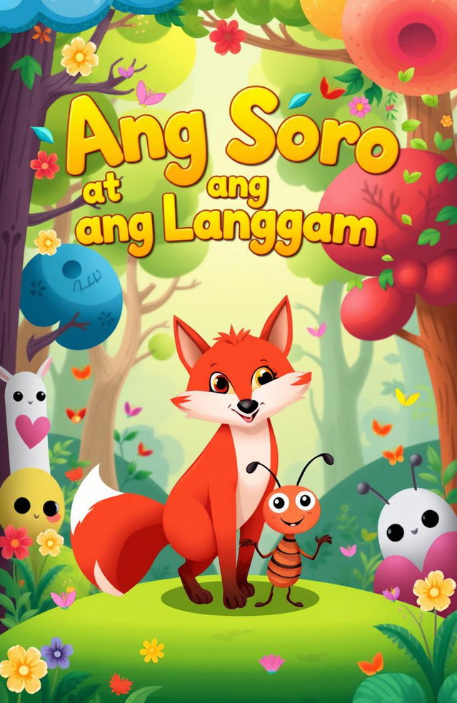 A whimsical and colorful book cover designed for a children's story titled "Ang Soro at ang Langgam"