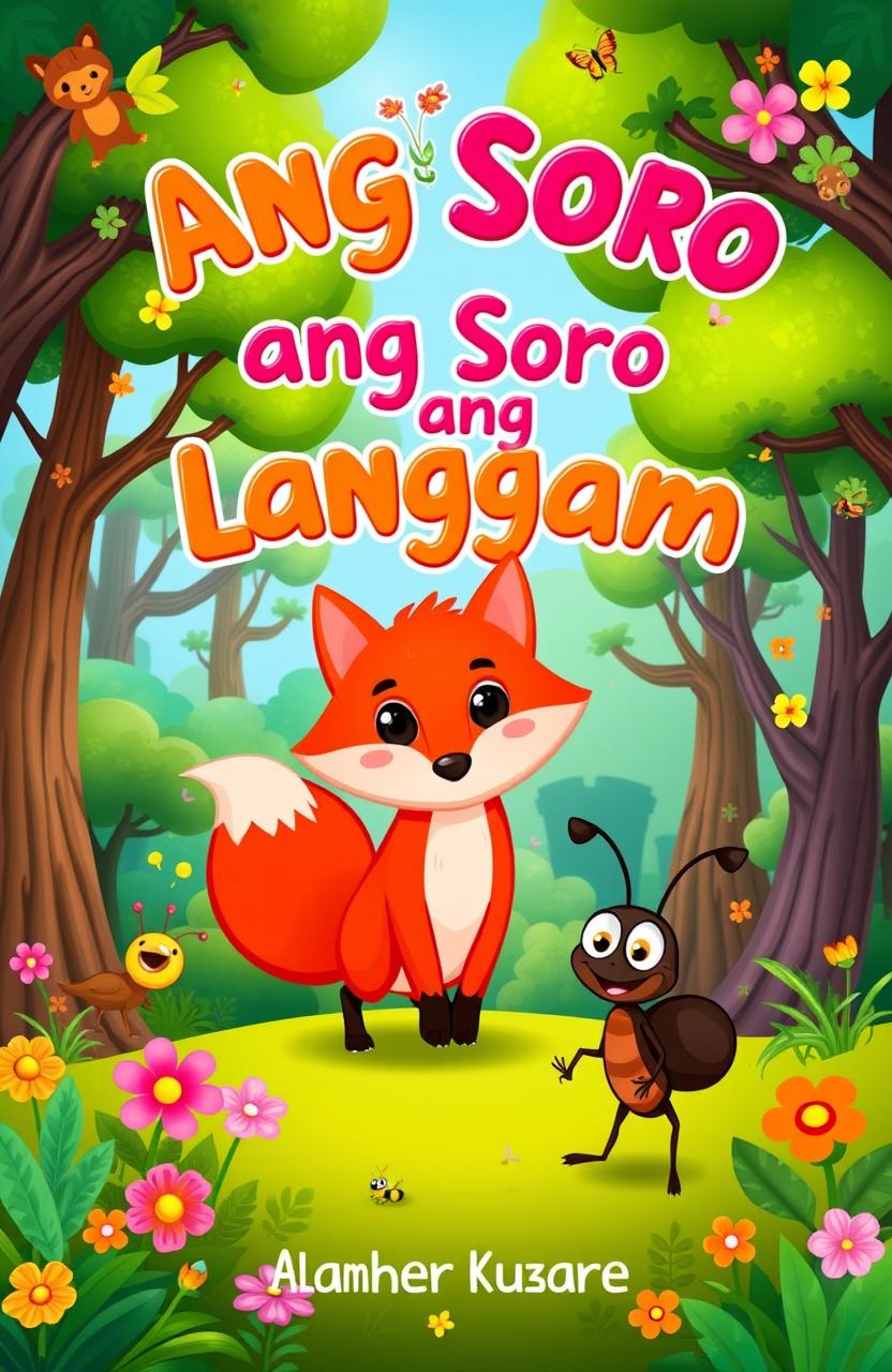 A whimsical and colorful book cover designed for a children's story titled "Ang Soro at ang Langgam"