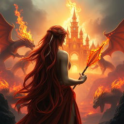 A striking central composition featuring a fantastic princess with long, flowing red hair accented with striking white streaks, seen from the back