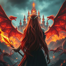 A striking central composition featuring a fantastic princess with long, flowing red hair accented with striking white streaks, seen from the back