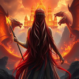 A striking central composition featuring a fantastic princess with long, flowing red hair accented with striking white streaks, seen from the back