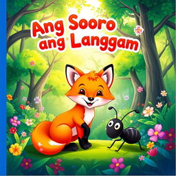 A whimsical and colorful book cover designed for a children's book titled 'Ang Soro at ang Langgam'