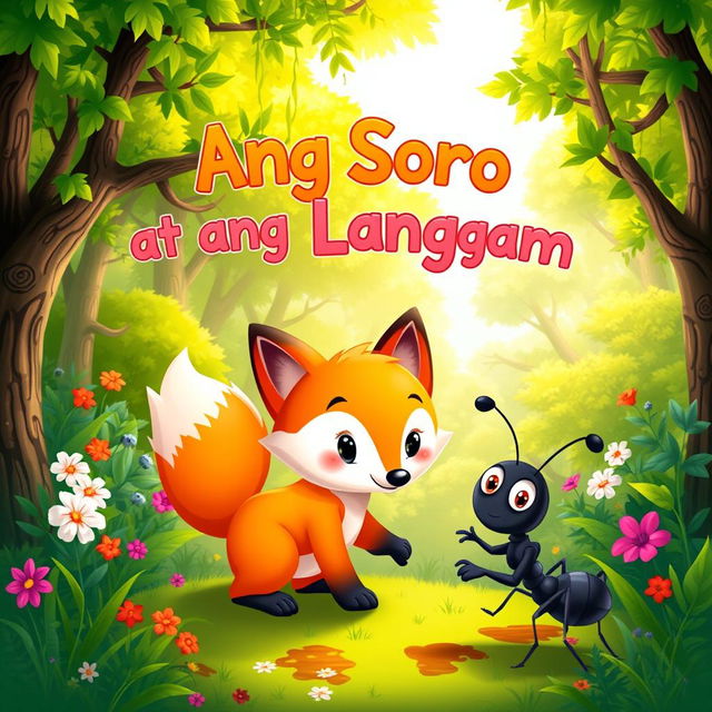 A whimsical and colorful book cover designed for a children's book titled 'Ang Soro at ang Langgam'