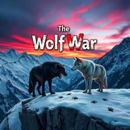 A snowy, rugged mountain landscape under a dramatic twilight sky featuring streaks of red and purple as the sun sets