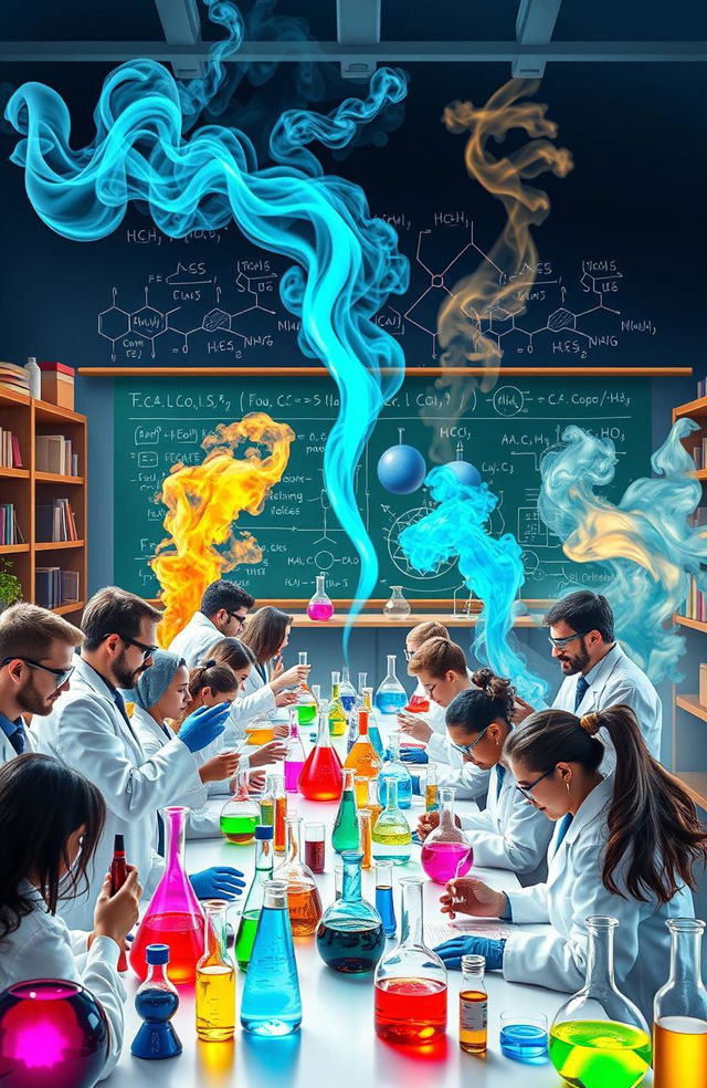 An artistic representation of a vibrant chemistry laboratory filled with colorful chemical reactions