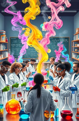 An artistic representation of a vibrant chemistry laboratory filled with colorful chemical reactions