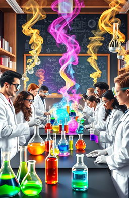 An artistic representation of a vibrant chemistry laboratory filled with colorful chemical reactions