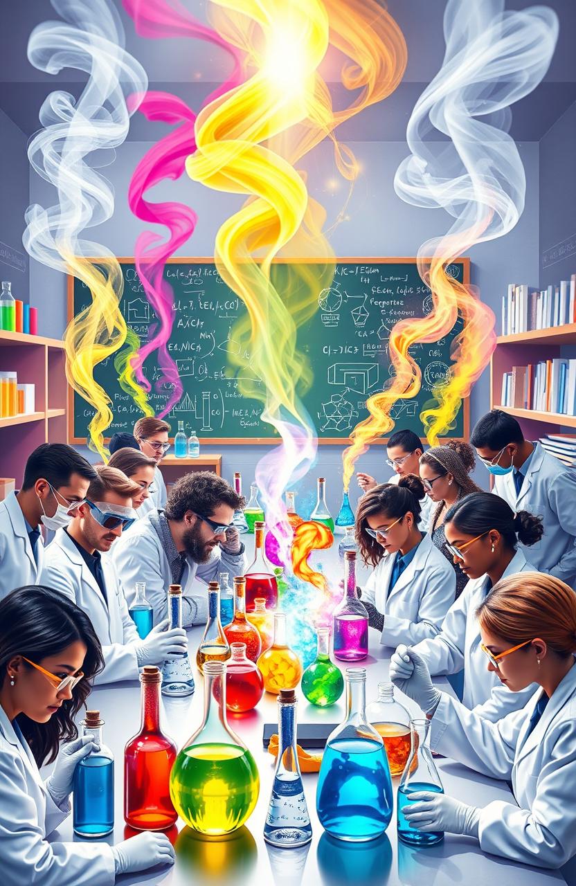 An artistic representation of a vibrant chemistry laboratory filled with colorful chemical reactions