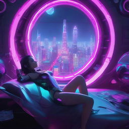 A visually stunning cybernetic girl reclines on a bed, a grand circular window behind her revealing a mesmerising view of a neon-infused cyberpunk dystopian cityscape