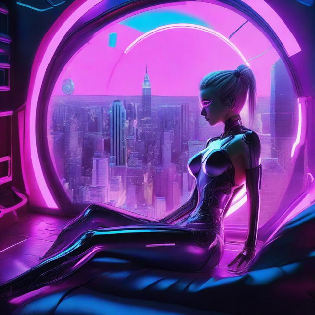 A visually stunning cybernetic girl reclines on a bed, a grand circular window behind her revealing a mesmerising view of a neon-infused cyberpunk dystopian cityscape